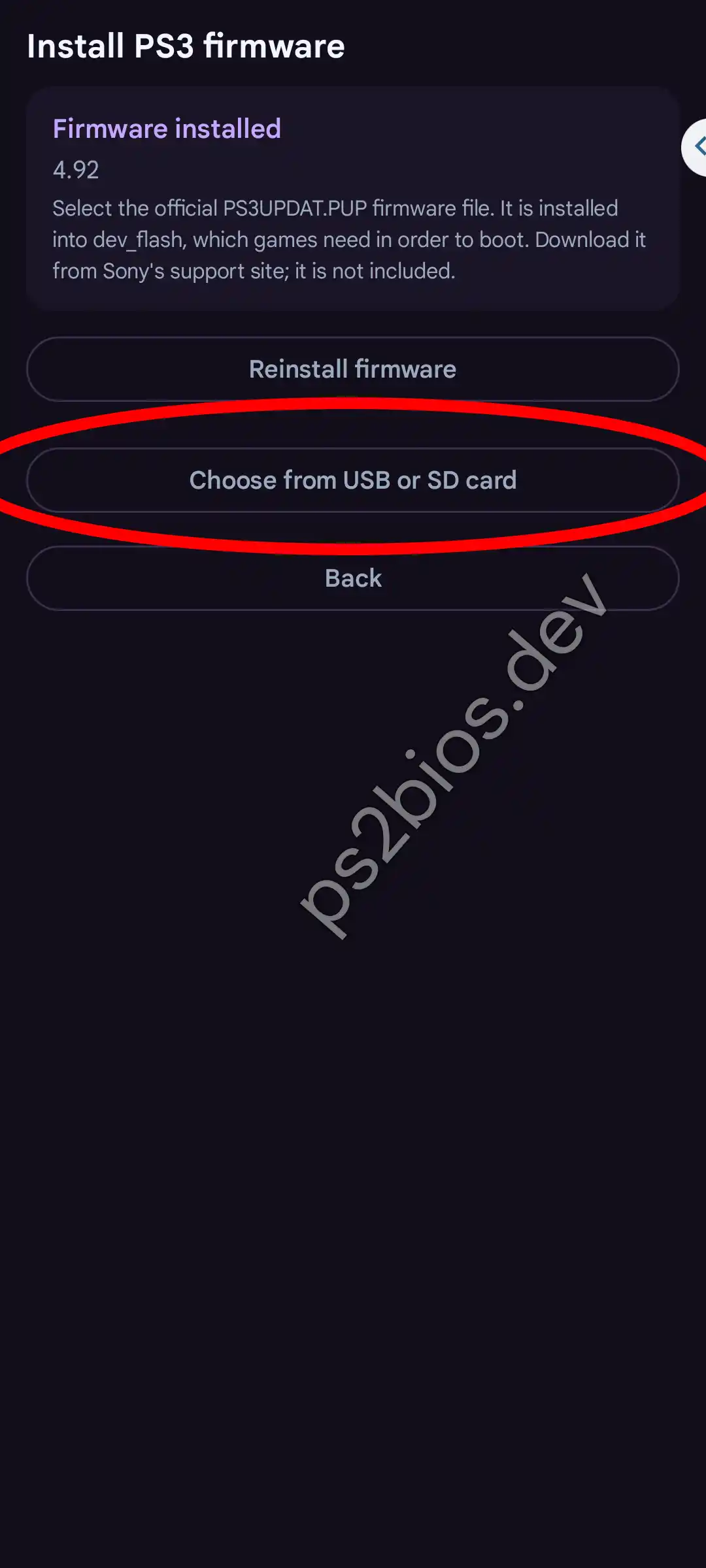 Tap Choose from USB or SD card on the Install PS3 firmware page