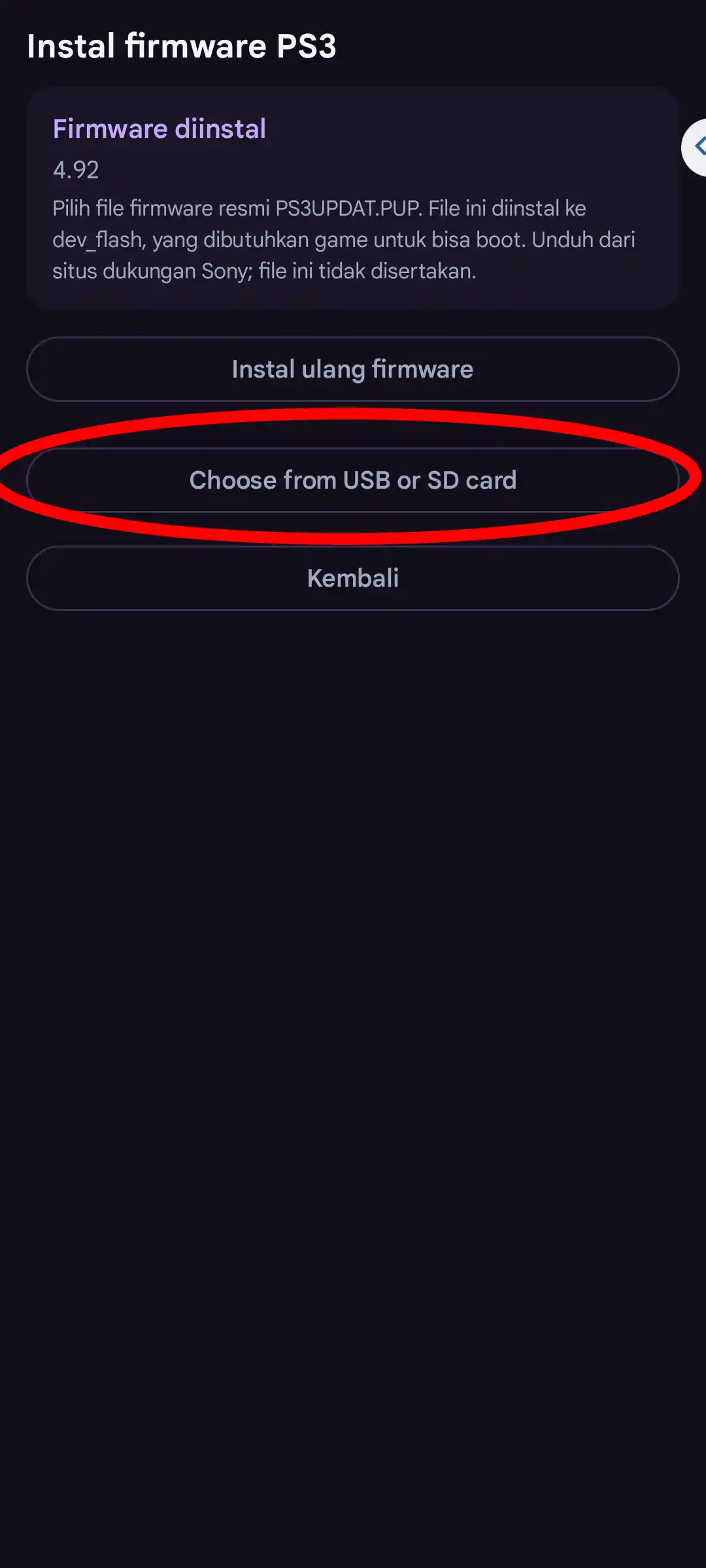 Ketuk Choose from USB or SD card di halaman Instal firmware PS3
